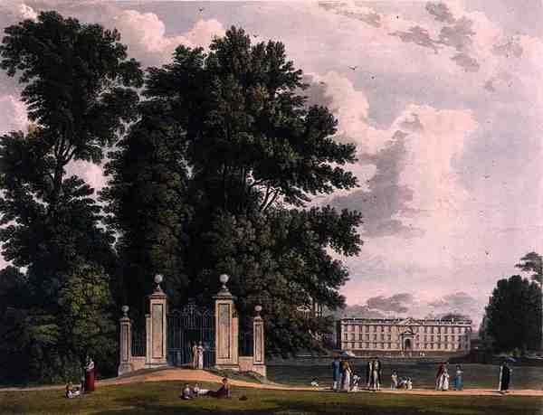 Ingang van de Avenue vanaf Clare Hall Piece (het Nieuwe Gebouw van Kings), Cambridge, uit 
