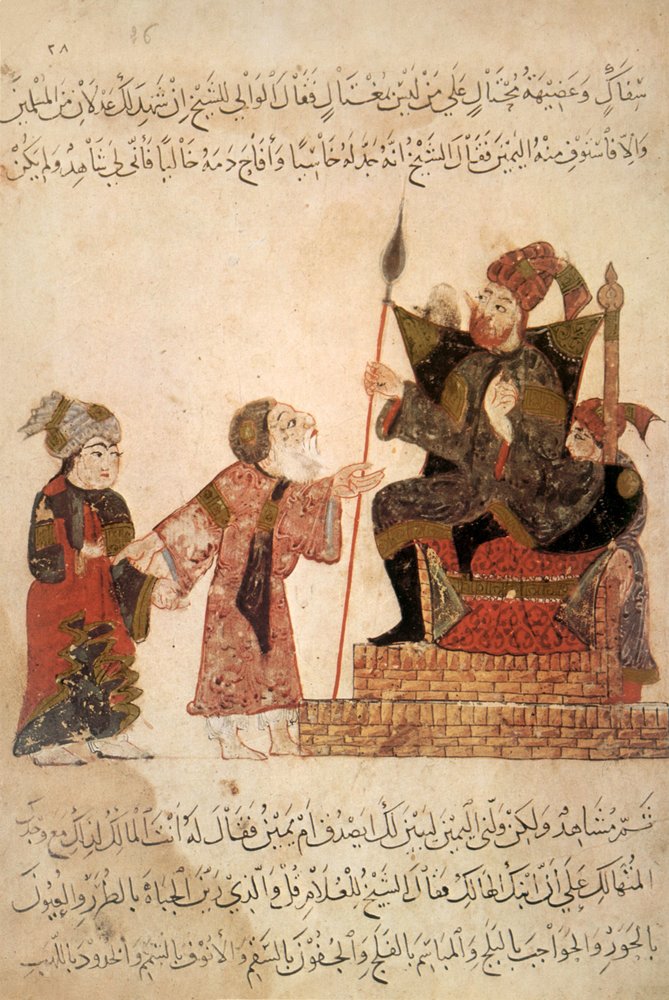 Ms Ar 5847 f.6, Abu Zayd voor de gouverneur Rabat, uit Al Maqamat door Al Hariri, ca. 1240 door Yahya ibn Mahmud Al-Wasiti