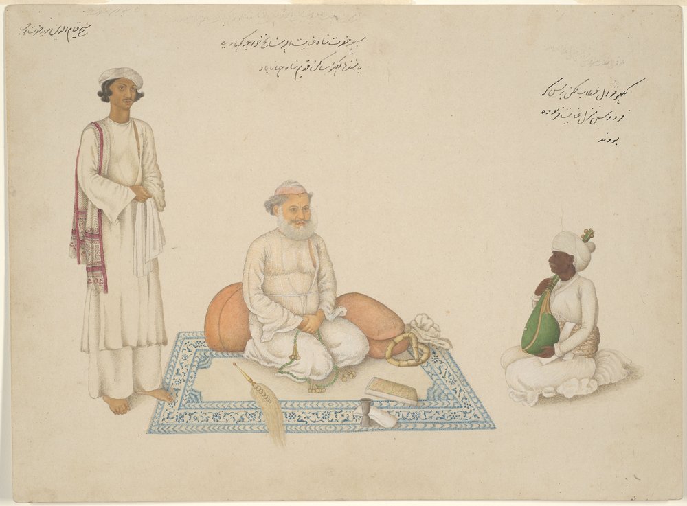 Shah Inayat Allah van Sind met zijn muzikant Makkhu en zijn assistent Shaykh Qiyam al-Din, pagina uit het Fraser Album door anonymous