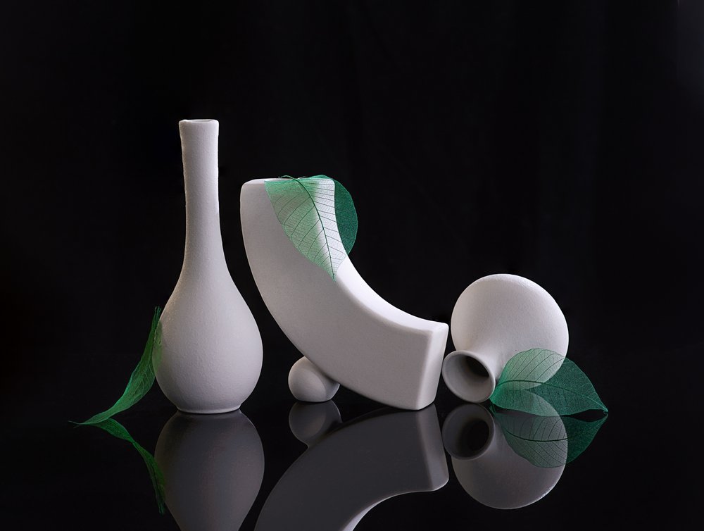 Witte vazen, groene bladeren door Alice Sheng