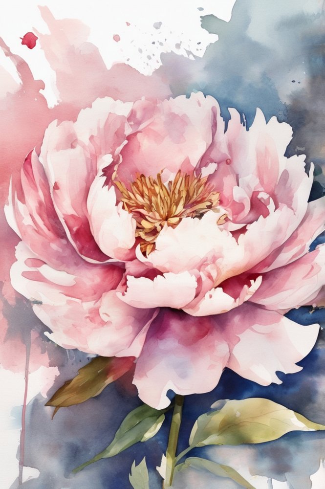 Aquarel: bloeiende pioenroos door Anda Bieza