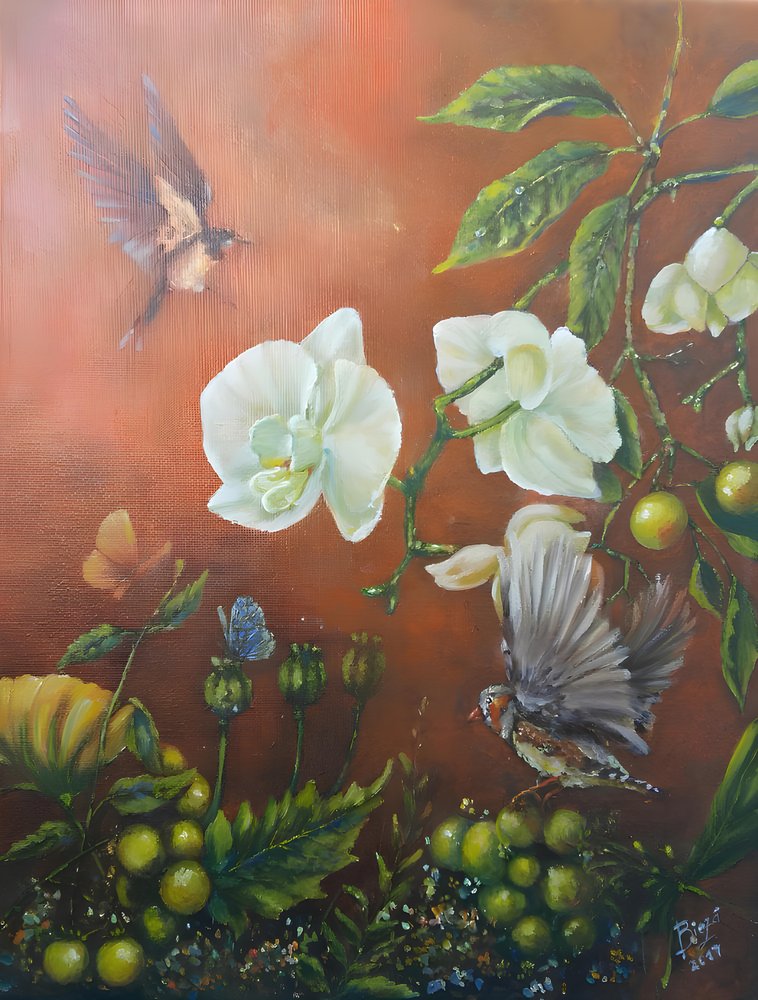 Witte orchideeën en vogels door Anda Bieza