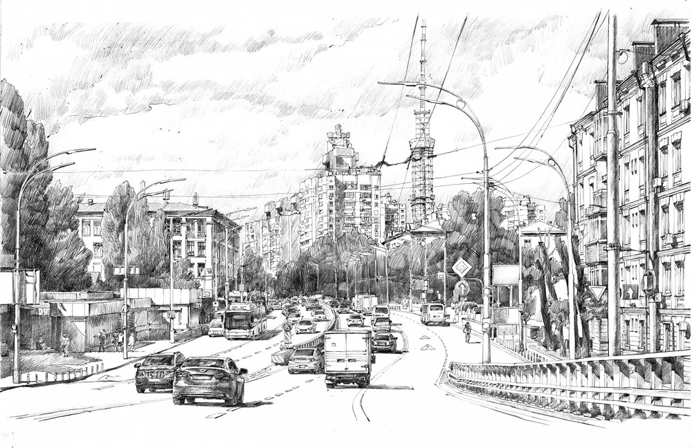 Schets van een drukke stadsstraat door Andrii Kutsachenko