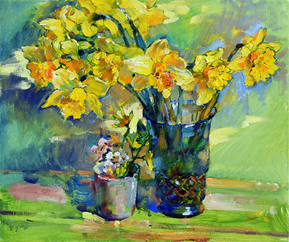 Stilleven met zonnige narcissen door Andrii Kutsachenko