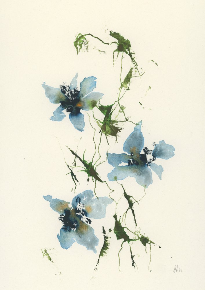 Blauwe aquarelbloemen door Ankie Kooi
