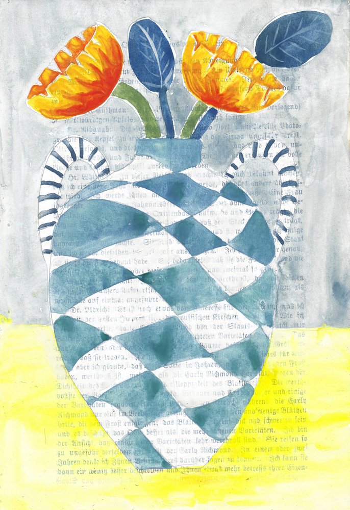 Geruite vaas met oranje bloemen door Annick