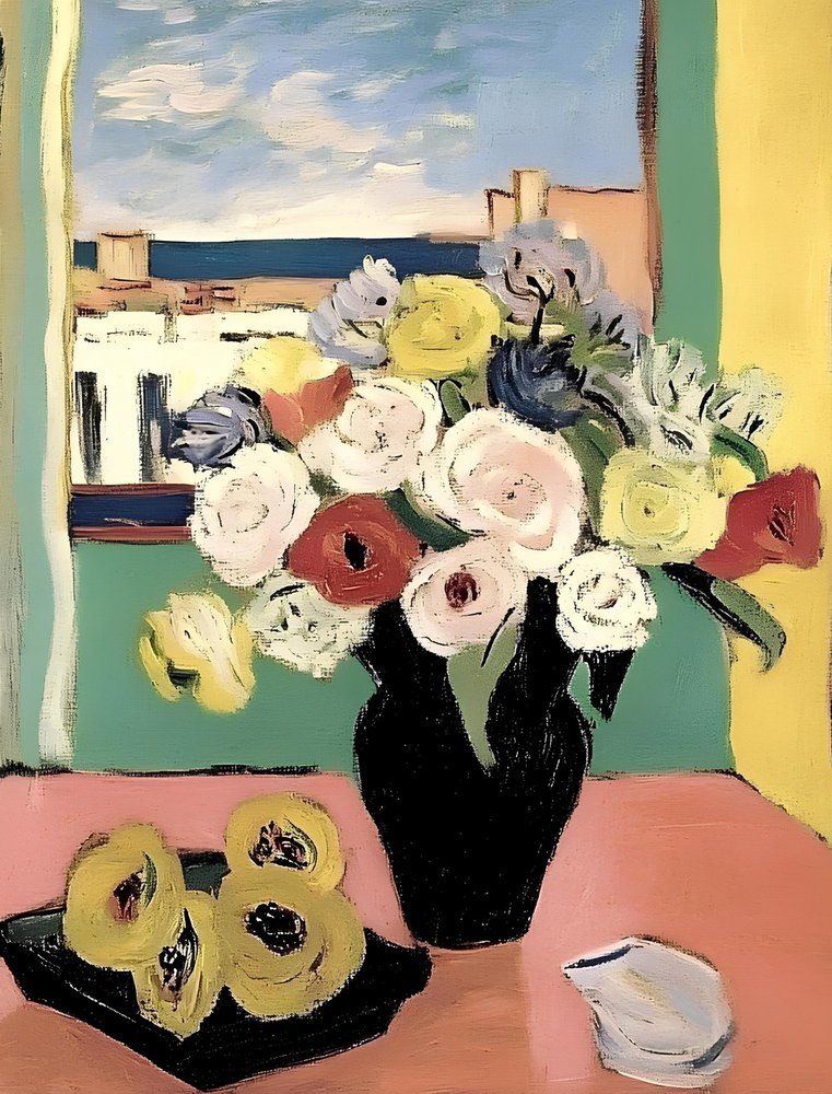 Kleurrijke bloemen, stad, uitzicht op zee door Avanesova Elena