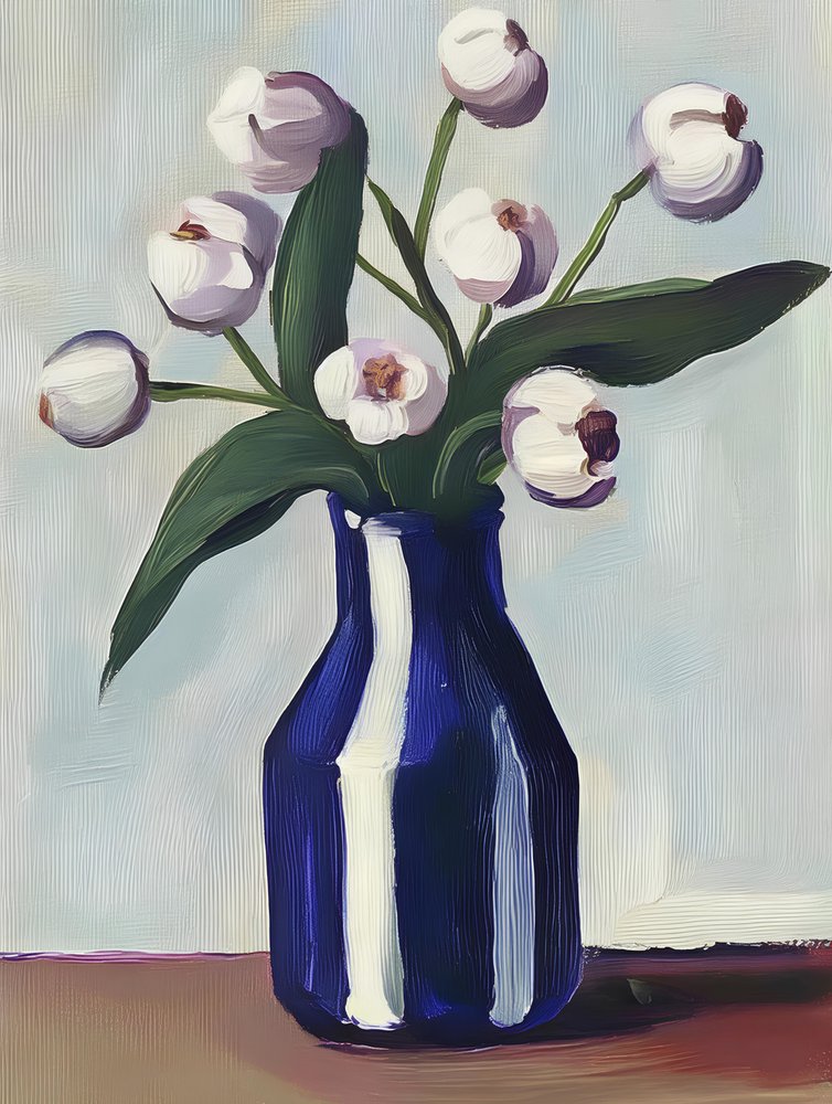 Witte bloemen in een blauwe vaas door Avanesova Elena