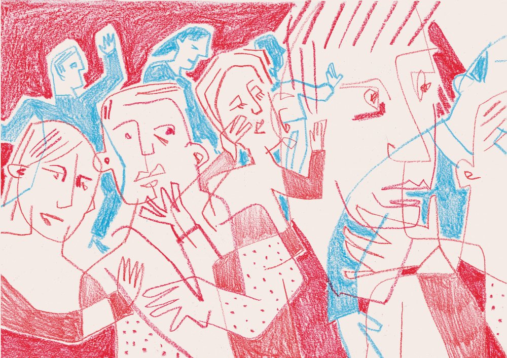 Expressieve figuren in rood en blauw door Catalina Somolinos