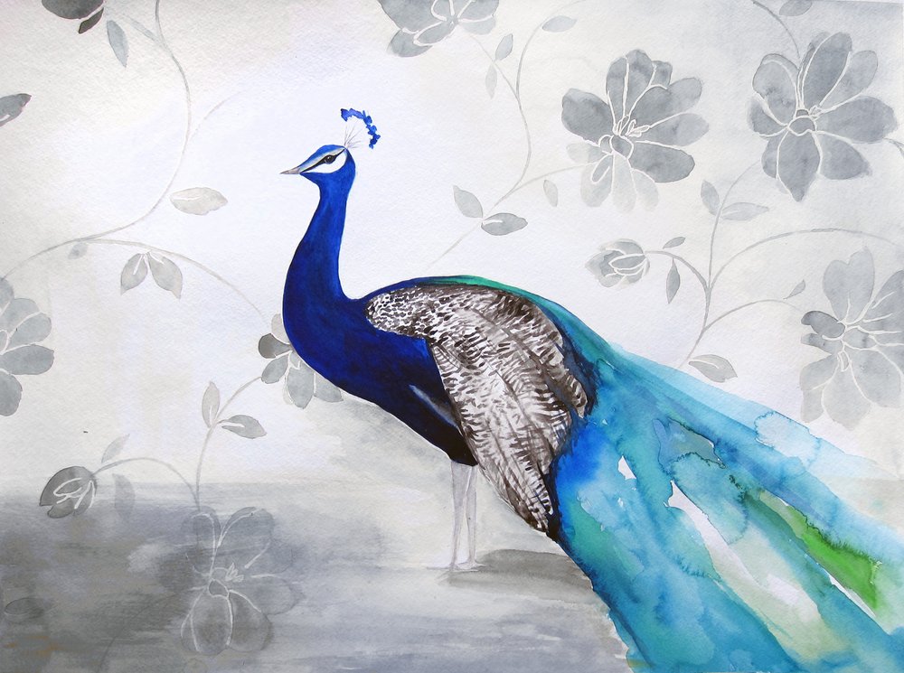 Elegant blauw met pauwenbloemenmotief door Christine Lindstrom