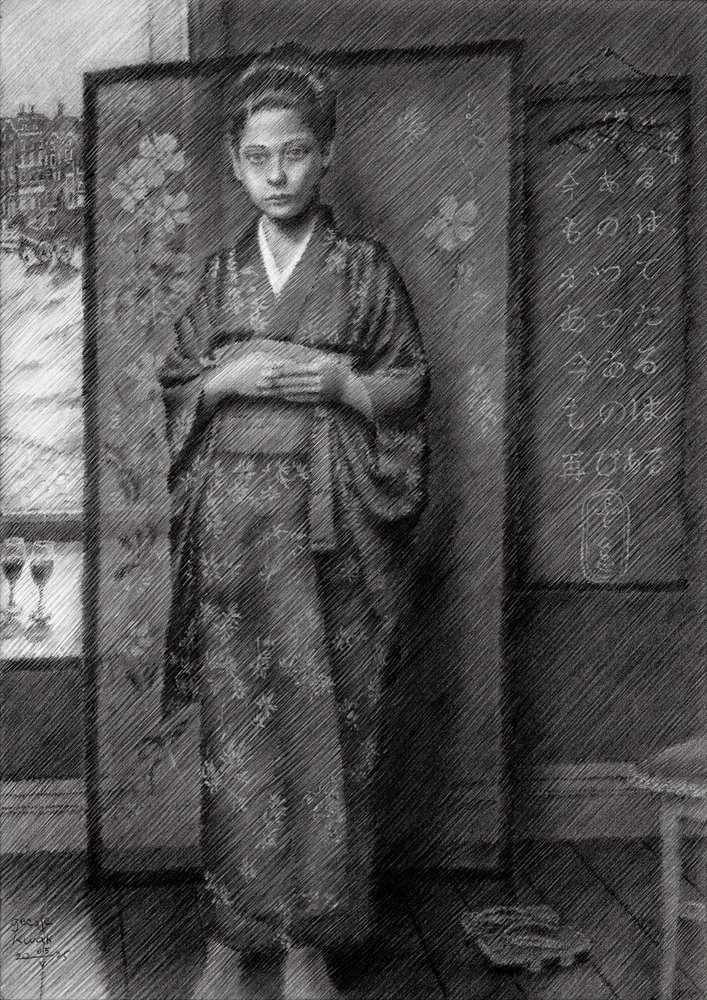 Een bedachtzame jongen in een kimono door Corné Akkers