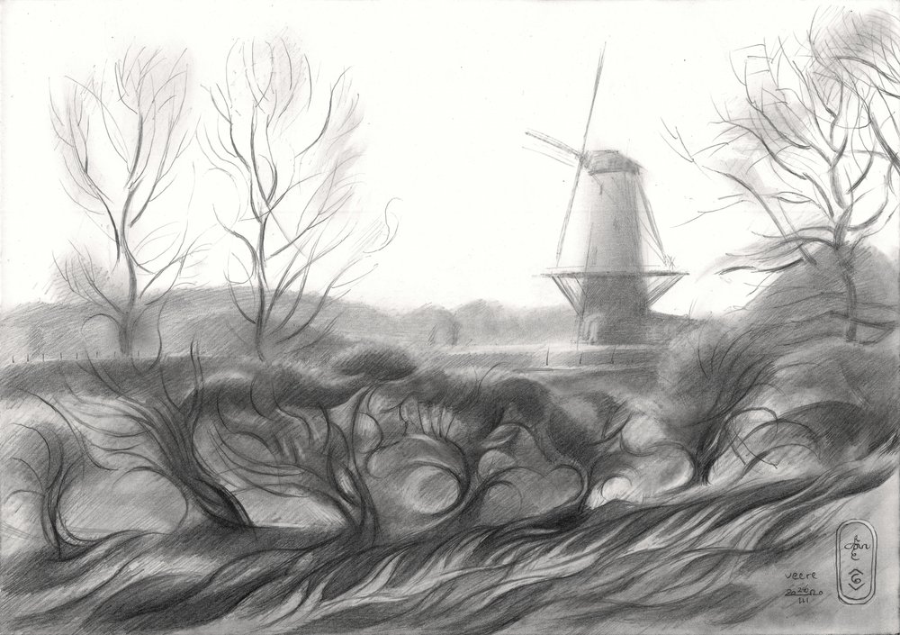 Tekening van een wintermolen door Corné Akkers