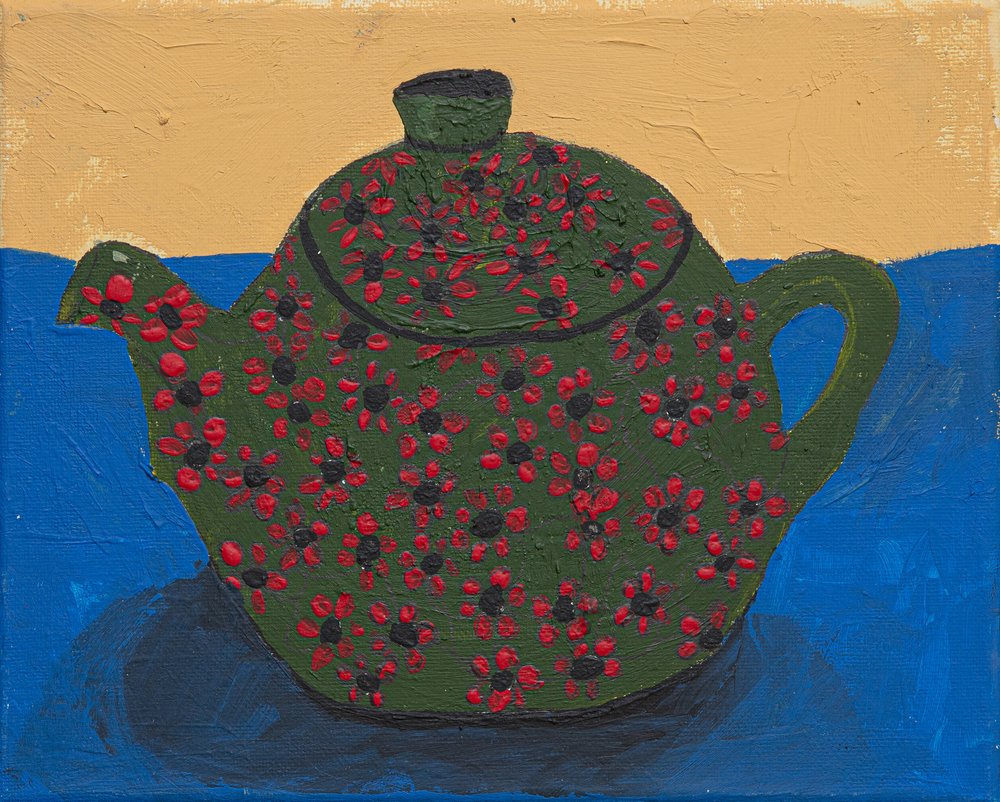 Stilleven met groene bloemen en een theepot door Dale Hefer & Family