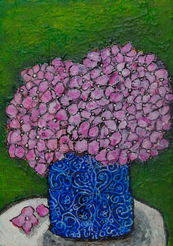 Stilleven met roze hortensia’s door Dale Hefer & Family