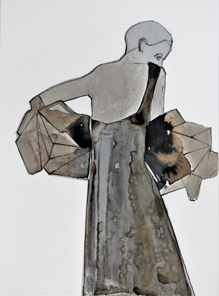Contemplatieve vrouw in het grijs door Doris Schmitz
