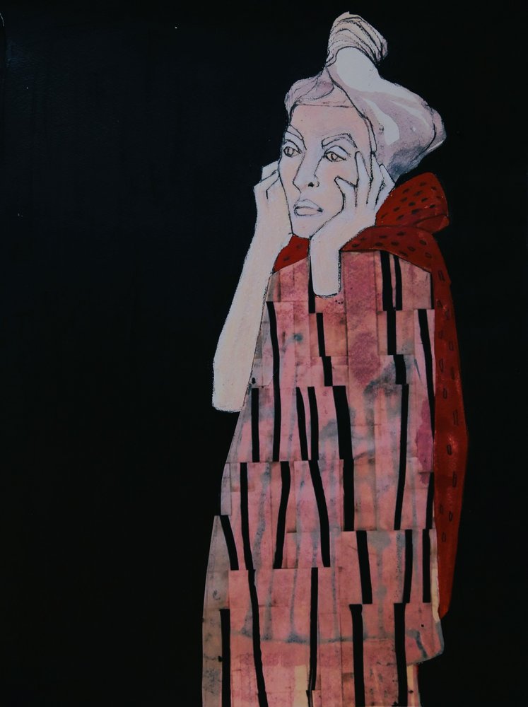 Peinzende vrouw in het rood door Doris Schmitz
