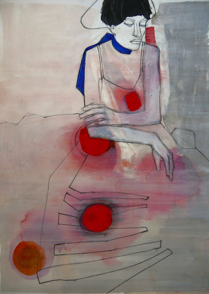 Peinzende vrouw met rood door Doris Schmitz