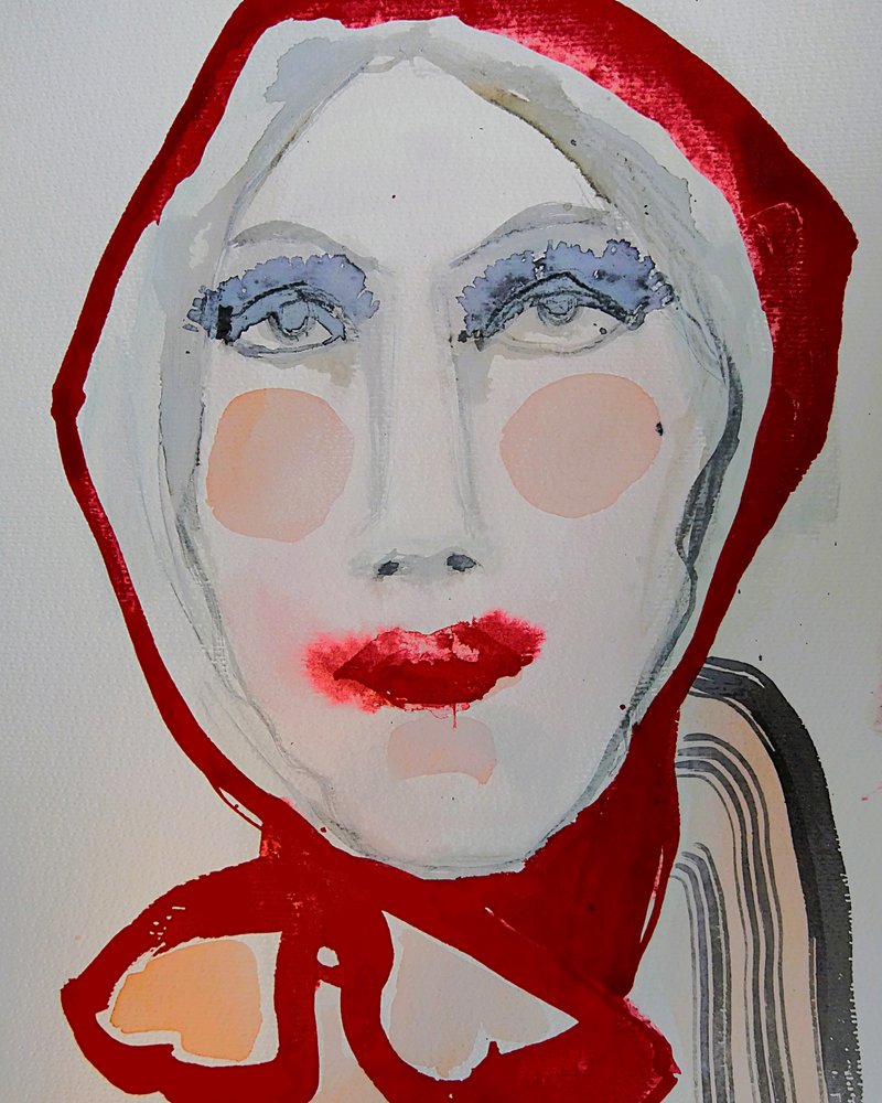 Portret van een vrouw met een rode capuchon door Doris Schmitz