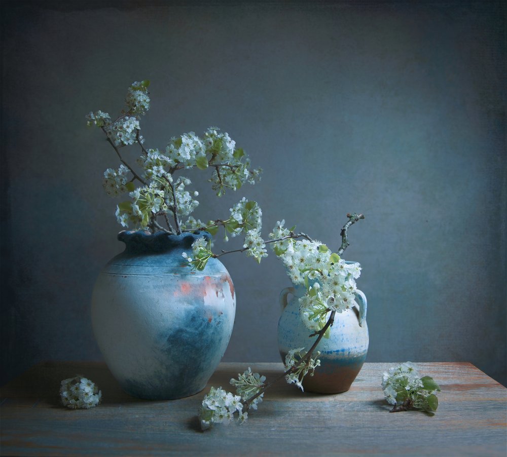 Stilleven met witte bloesems door Fangping Zhou
