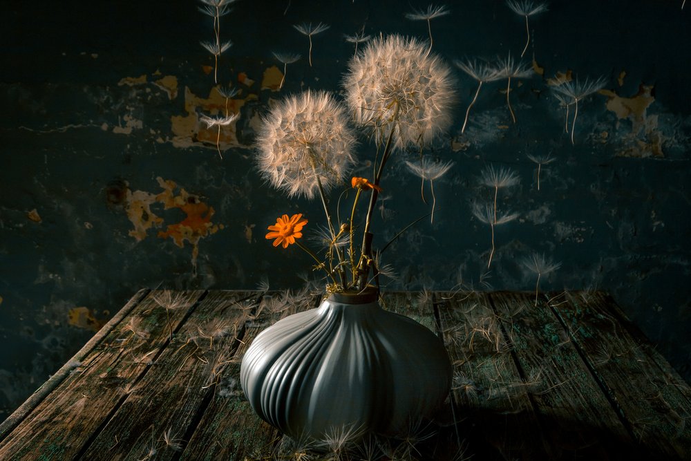 Stilleven met een sombere paardenbloem door Farid Kazamil