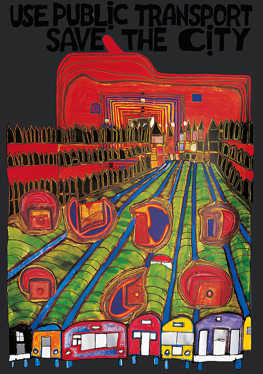 Maak gebruik van het openbaar vervoer – red de stad door Friedensreich Hundertwasser