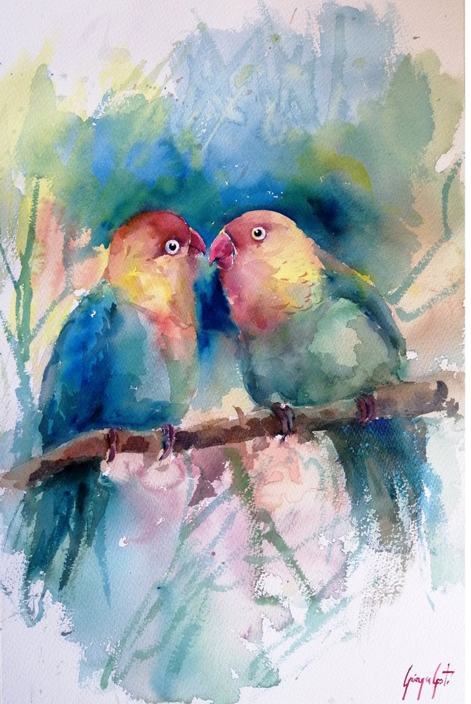 Kleurrijke tortelduifjes in aquarel door Giorgio Gosti