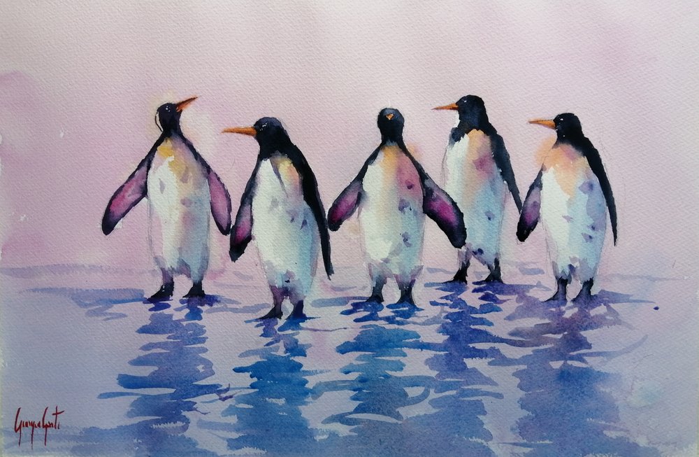 Vijf wandelende pinguïns door Giorgio Gosti