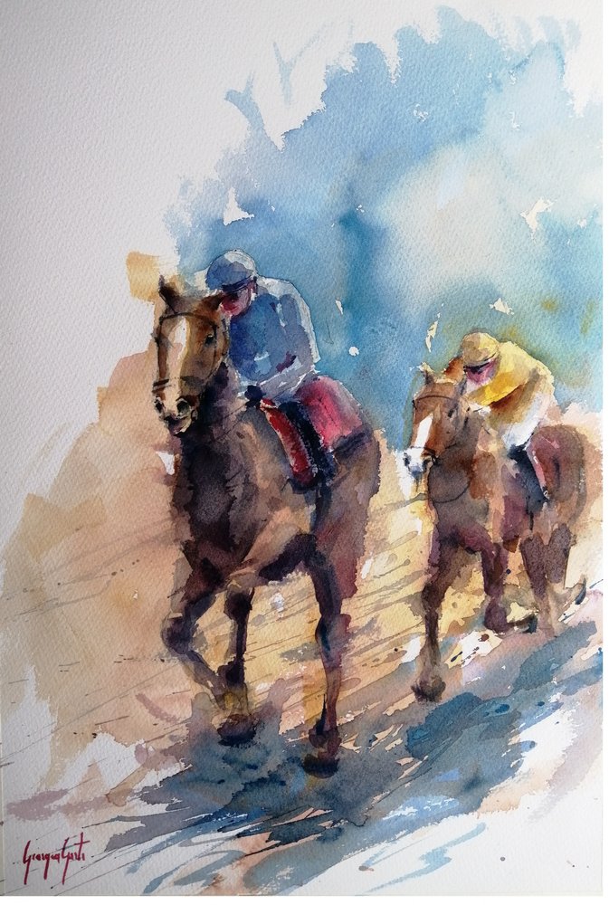 Schilderij van galopperende jockeys door Giorgio Gosti