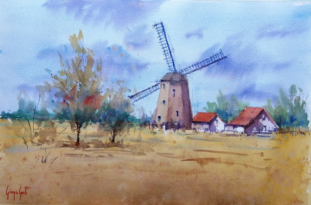 Landschap met een rustieke windmolen door Giorgio Gosti