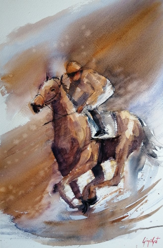 Paardenrace in aquarel door Giorgio Gosti