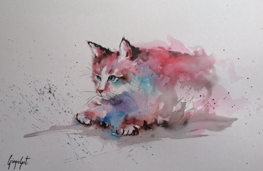 Aquarel: Kitten die in het water spettert door Giorgio Gosti