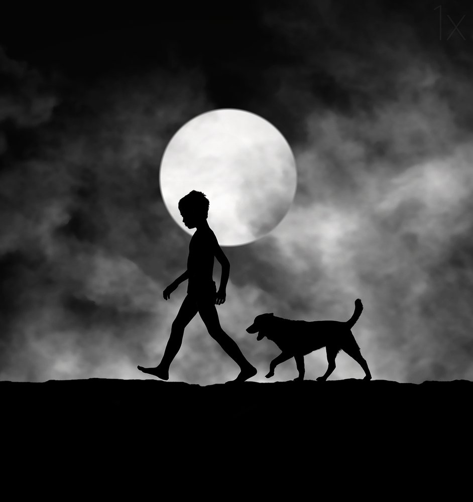 Kind en hond bij maanlicht door Hengki Lee