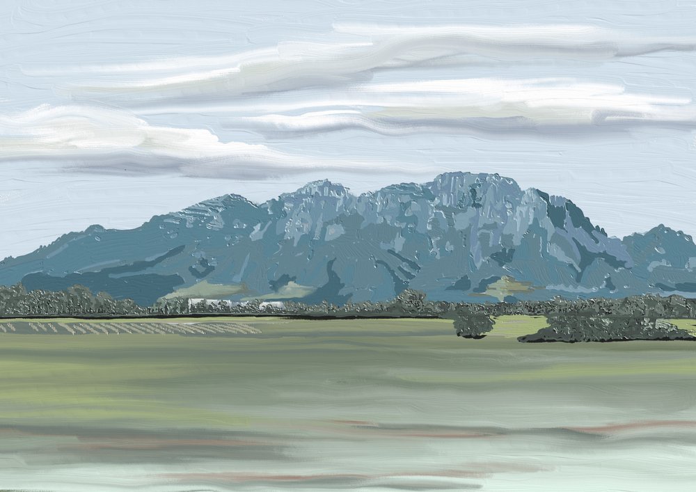 Landschap met bergen in de verte door Jenna Alheit