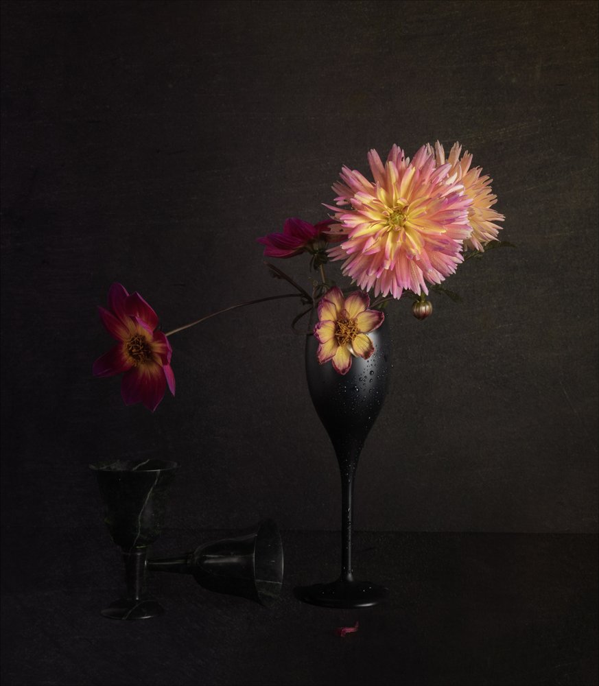 Stilleven met een stemmige dahlia door John-Mei Zhong