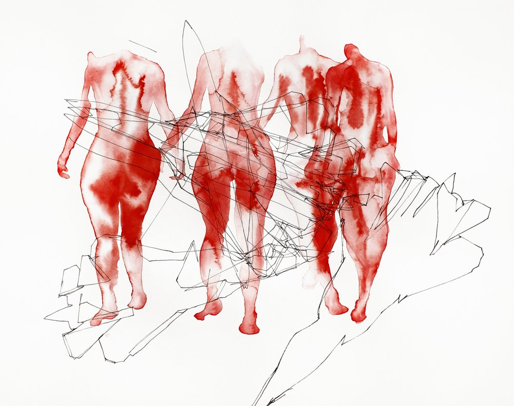 Rode wandelende figuren door Joshua Hoskins