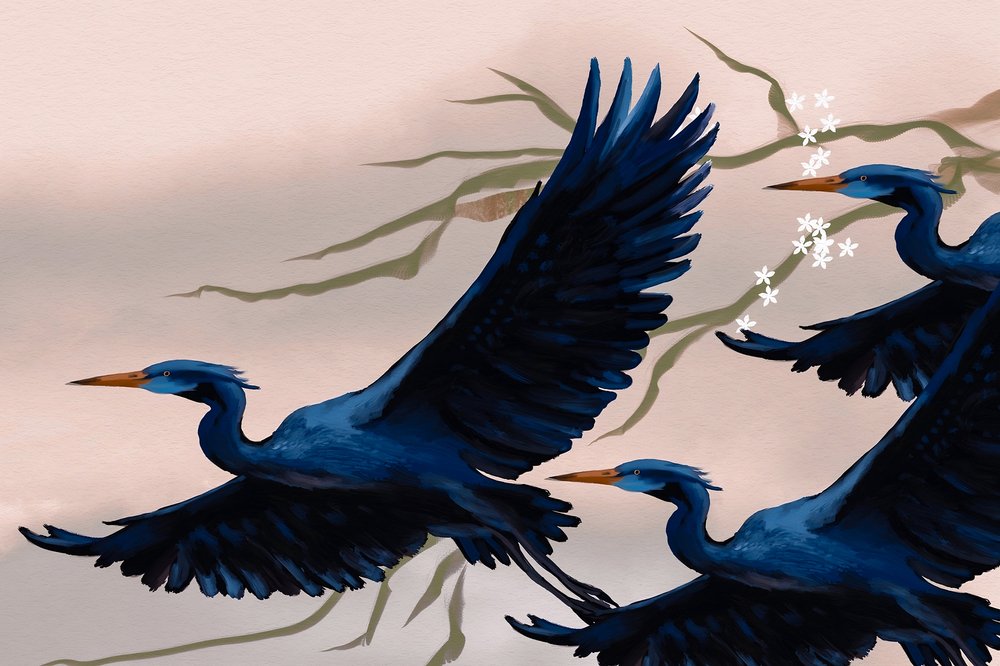 Vliegende blauwe vogels door Josie George