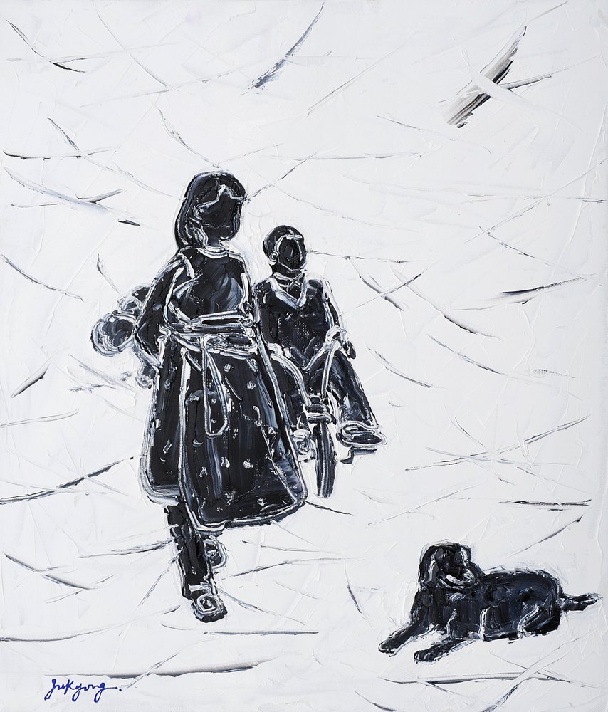 Kinderen die de hond uitlaten door Jukyong Park