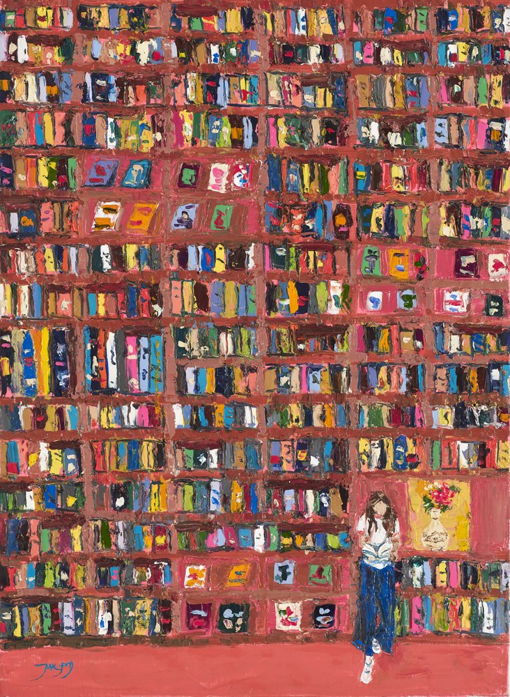 Kleurrijke boekenplank-lezer door Jukyong Park