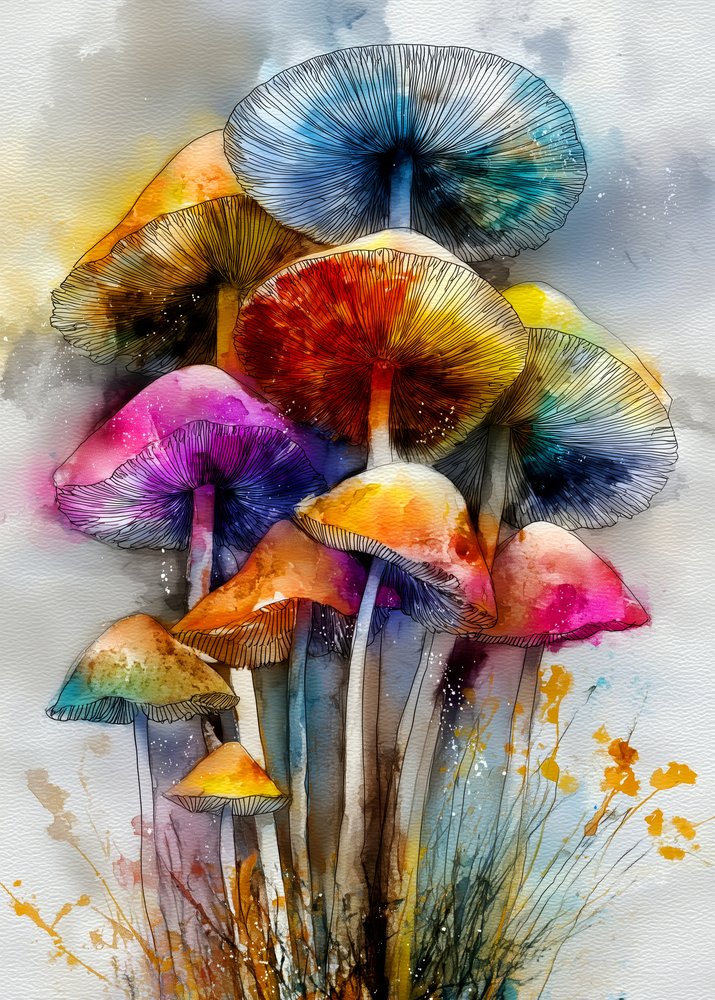 Kleurrijke paddenstoelen in aquarel door Justyna Jaszke
