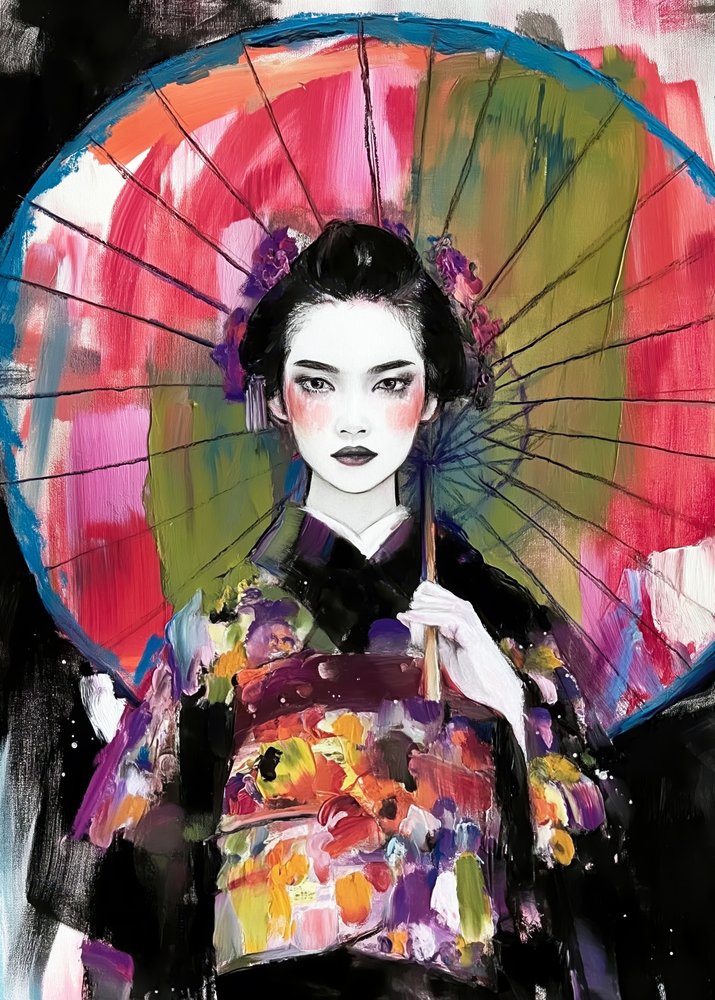 Kleurrijke geisha-paraplu door Justyna Jaszke