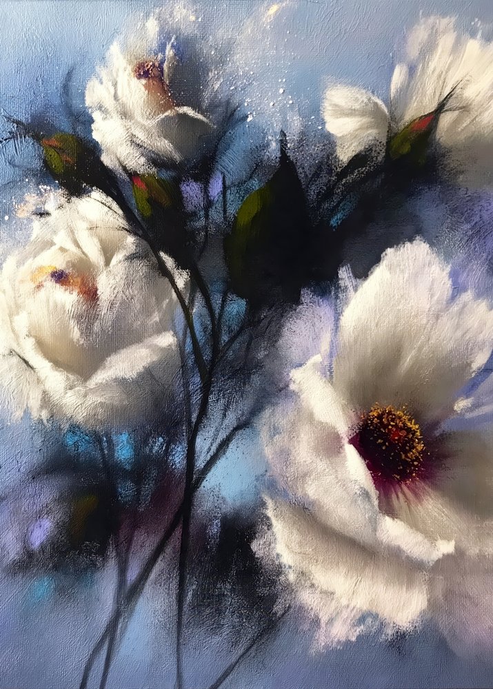 Witte bloemen op blauw door Justyna Jaszke