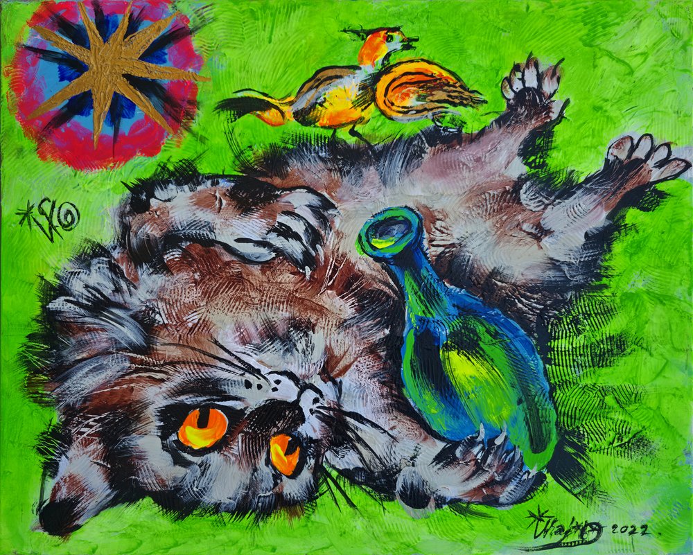 Speelse kat en vogel door Kanat Ibragimov