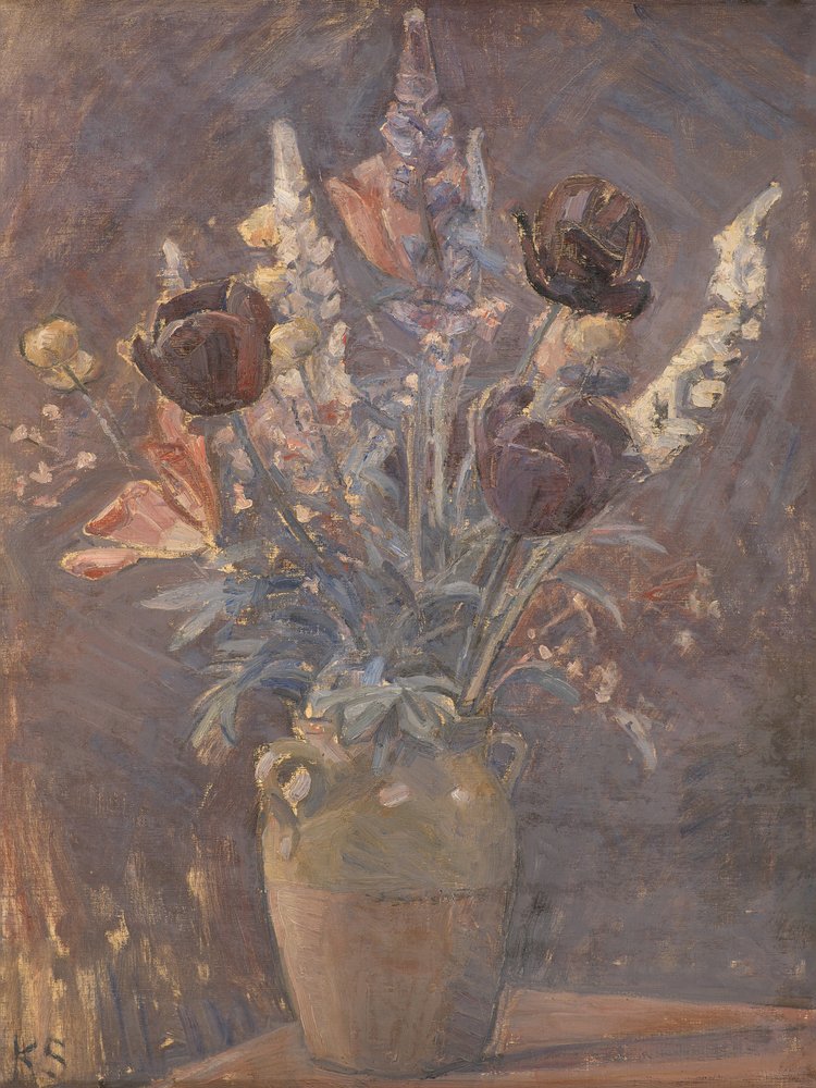 Kleivazen met tulpen en andere bloemen van Karl Schou door Karl Schou