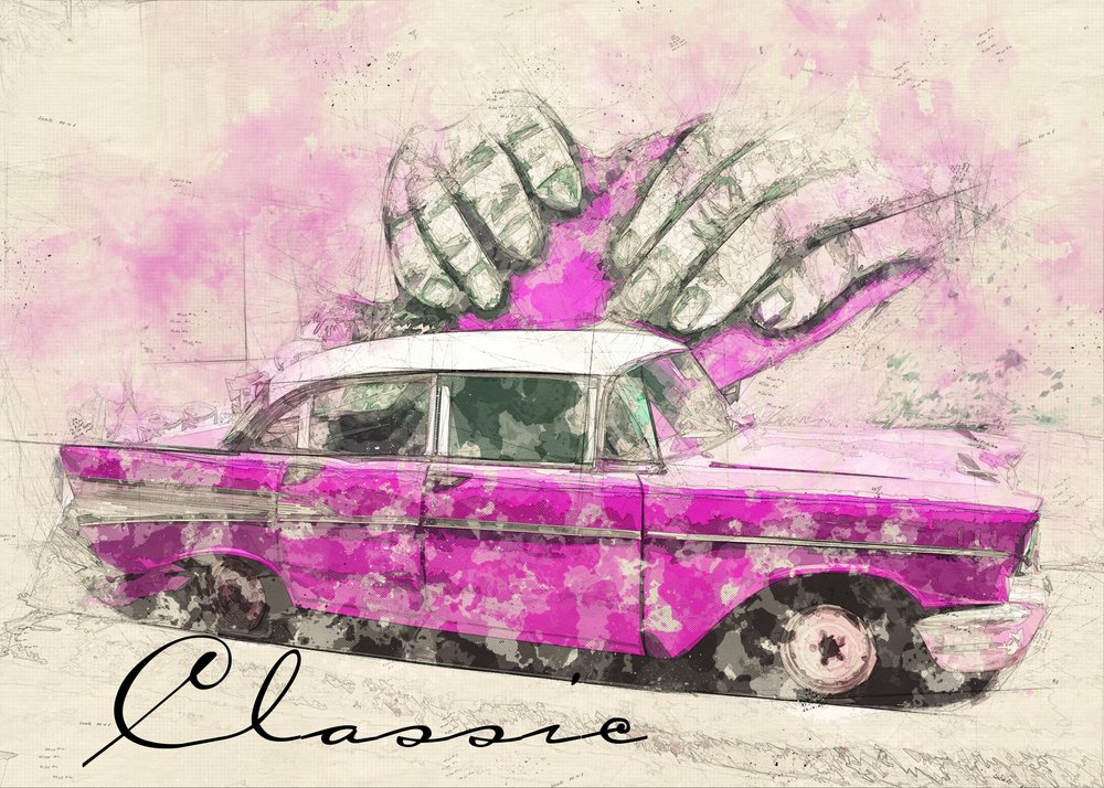 Klassieke roze droomauto door Lembayung senja studio [Vintage Poster]
