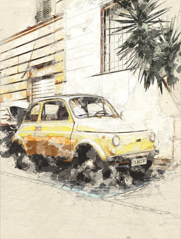 Klassieke gele Fiat door Lembayung senja studio [Vintage Poster]