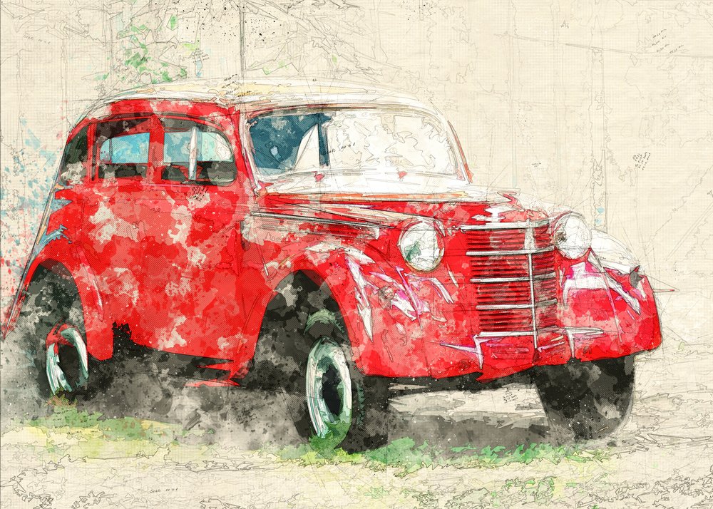 Rode oude auto door Lembayung senja studio [Vintage Poster]