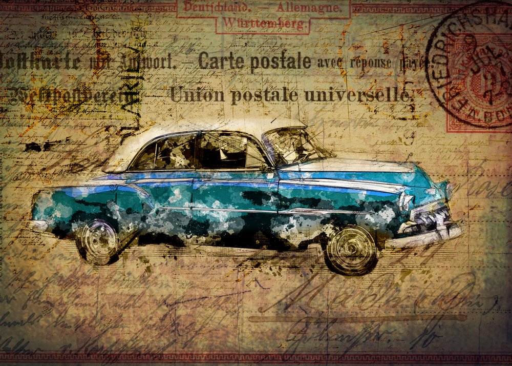 Retro blauwe auto-ansichtkaart door Lembayung senja studio [Vintage Poster]