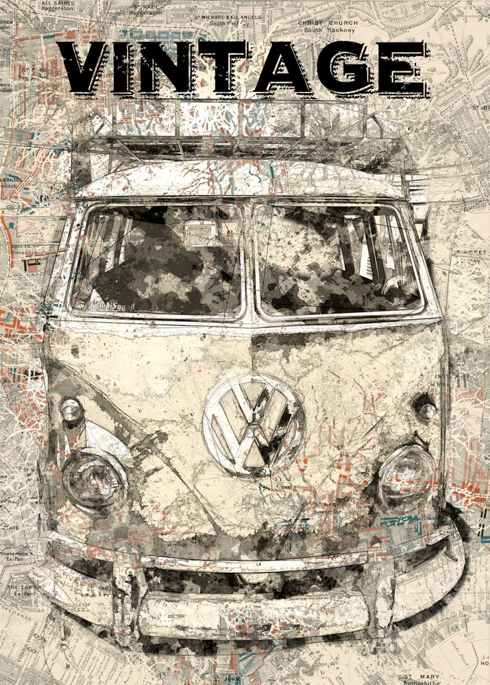 Reiskaart met vintage bussen door Lembayung senja studio [Vintage Poster]