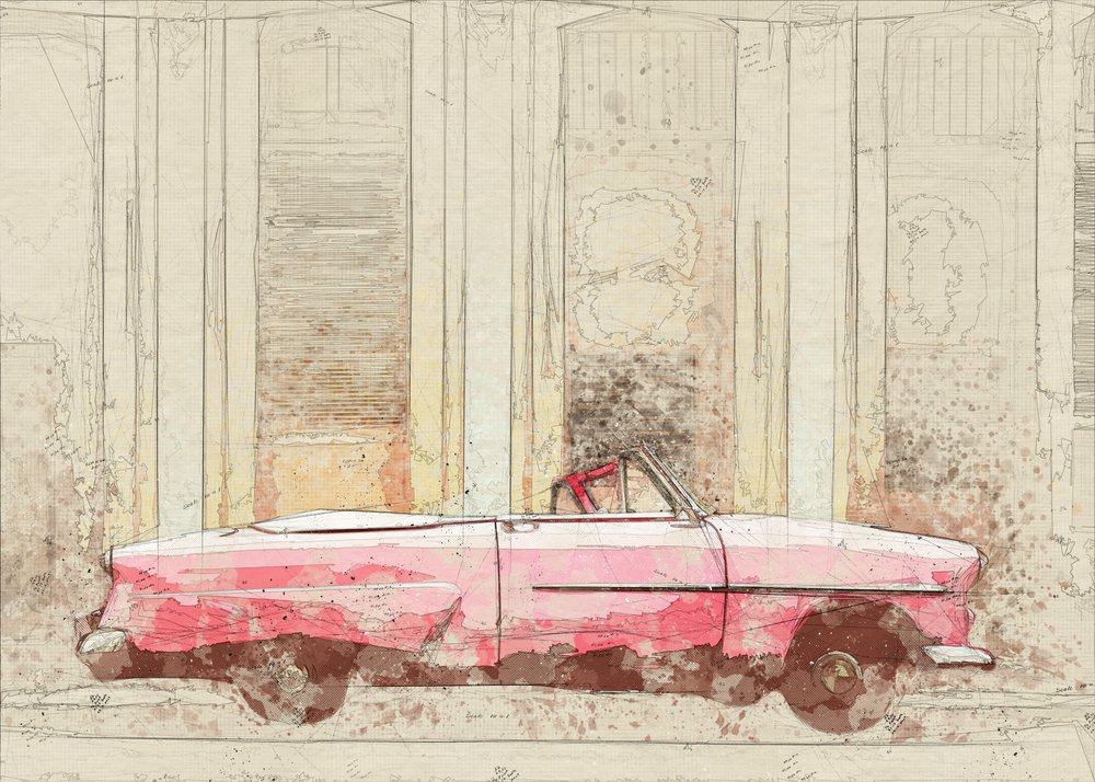 Schets van een vintage roze cabriolet door Lembayung senja studio [Vintage Poster]