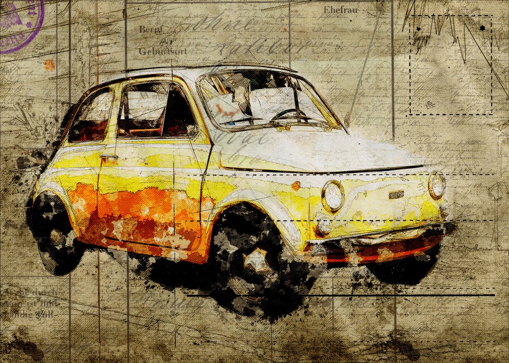 Vintage gele Fiat 500 door Lembayung senja studio [Vintage Poster]